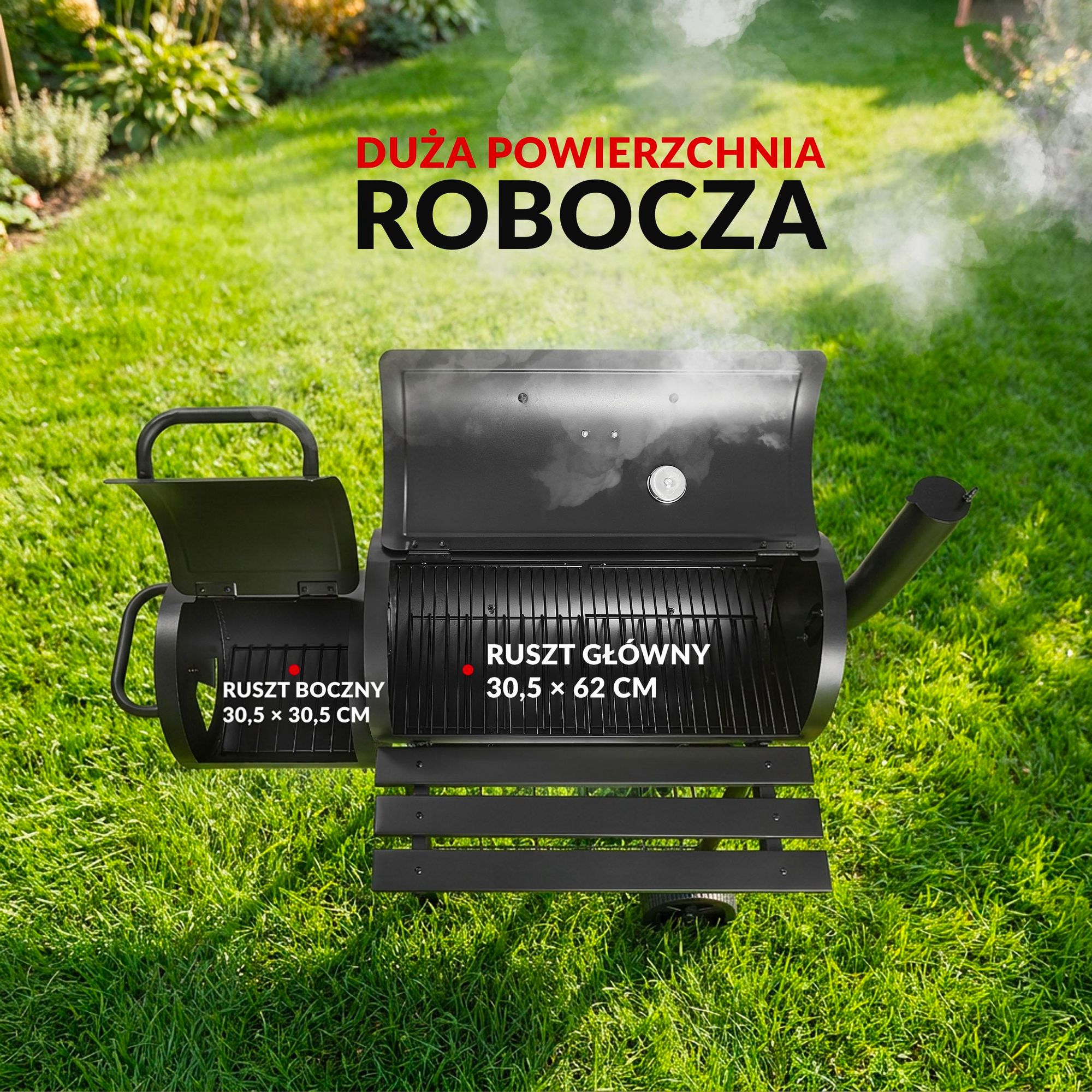Grill wędzarniowy i węglowy LEHMANN 2 w 1 – 2 komory, pokrywa, wbudowany termometr i uchwyt odporny na wysoką temperaturę, kolor czarny