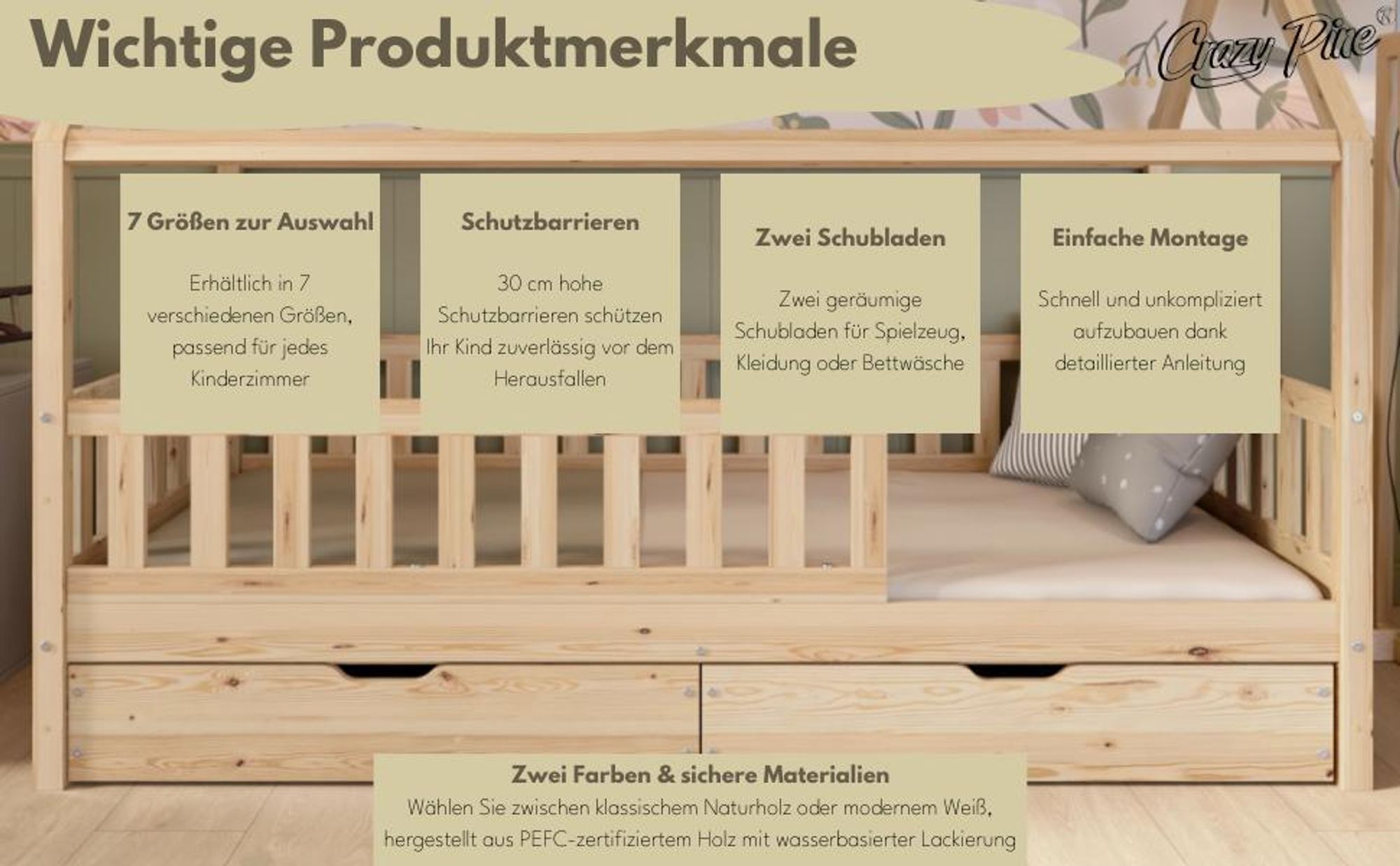 Crazy Pine Hausbett mit Schubladen 80x160 cm – Kinderbett aus Naturholz in Weiß – Montessori Bodenbett mit zusätzlichen Stauraum - Crazy Blanco
