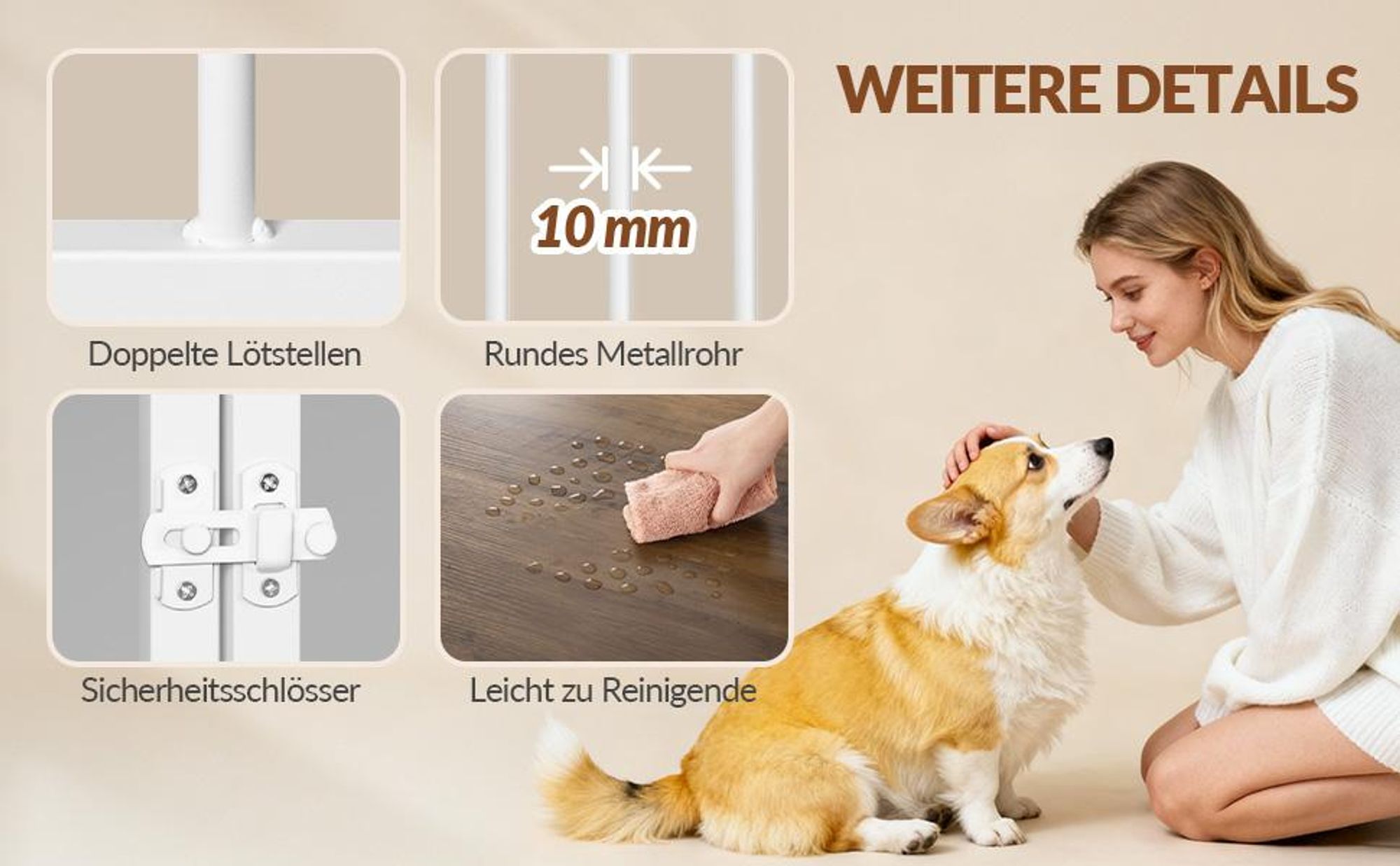 Hundekäfig Möbel, 80 x 60 x 63 cm, Braun und Weiß | Hundebox für Zuhause, 4 Türen, Moderne Hundebox Holz, Beistelltisch, für Kleine und Mittelgroße