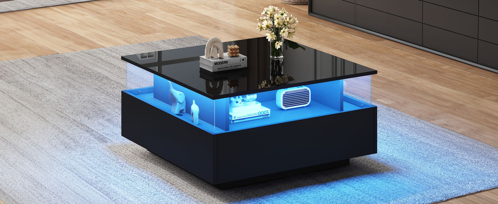 MODFU Couchtisch Wohnzimmertisch LED-Hochglanz für Wohnzimmer, Schlafzimmer, Beistelltisch Quadratischer mit 2 Schubladen und transparentem Präsentationsbereich, Schwarz
