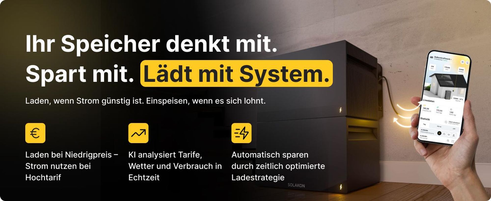 Solakon ONE All-in-One Balkonkraftwerk Speicher mit 2,11 kWh Kapazität, 2600W über 4 MPPTs, KI-Funktionen, Nulleinspeisung, Notstromfunktion