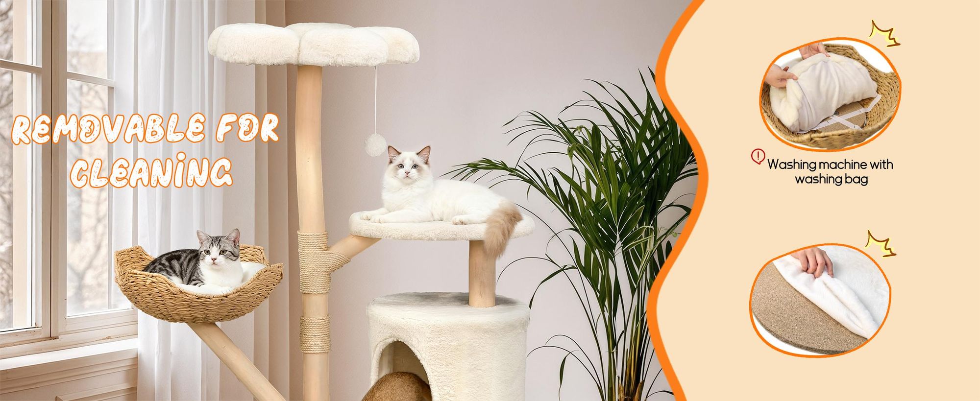 WISFOR Katzenkratzbaum 136cm hoch, mehrstufig Katzenbaum mit Korb Spielball beige