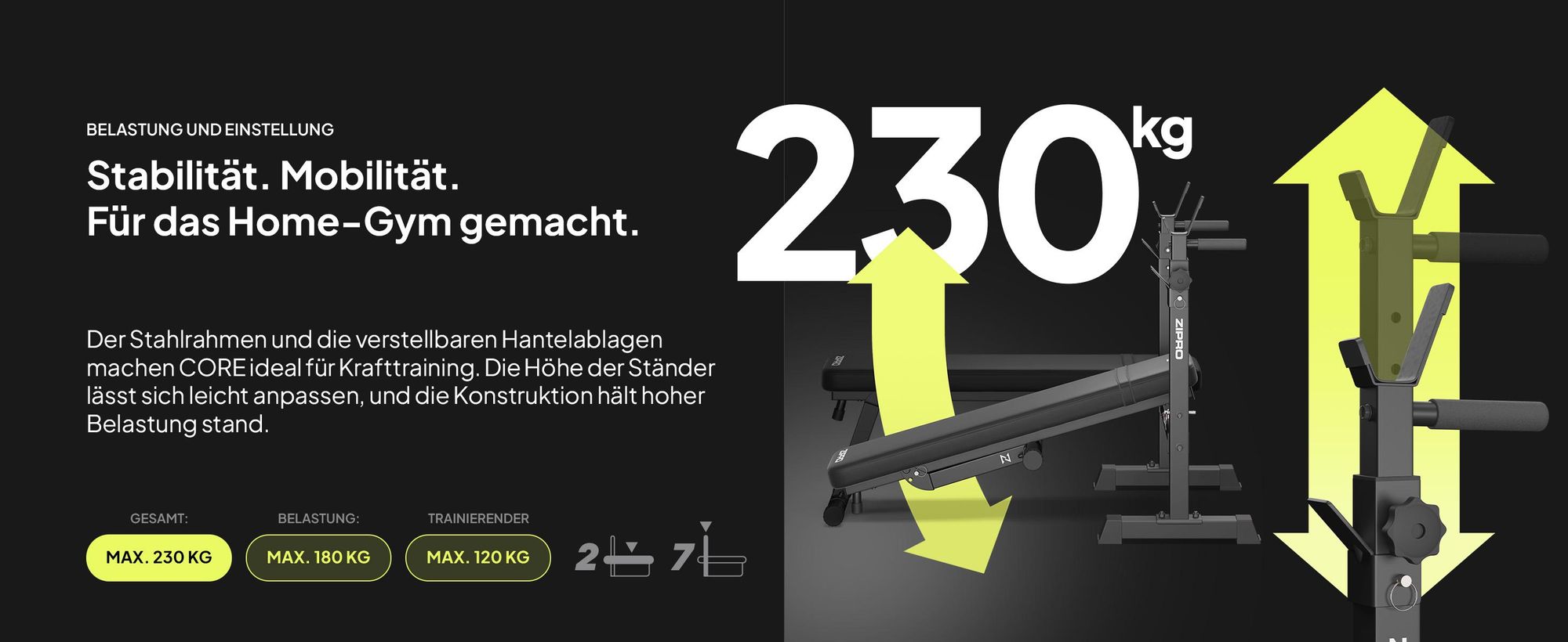 Zipro Hantelbank mit Langhantelablage Core – Klappbare Drückerbank für Bankdrücken Flachbank mit Dip-Barren Bis 230kg Belastbar Platzsparende