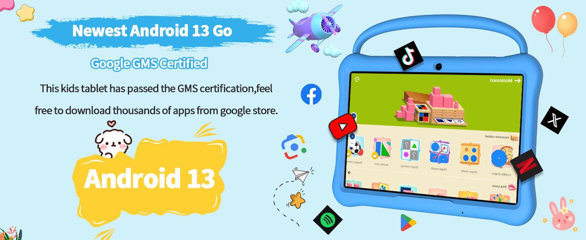 PRITOM Android 13 Tablet für Kinder, 10 Zoll Octa-Core, 64 GB RAM, 1 TB TF-Karte erweiterbar, Kindersicherung, Dual-Kamera, WLAN