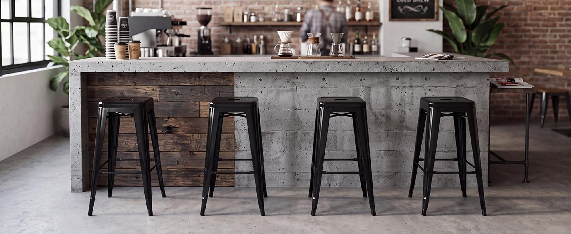 Duhome Barhocker Eisen Barstühle 4er Set, Sitzhöhe 76cm Tresenhocker, Stapelbar Metall Bistrohocker mit Fußstütze im Industry Design, Schwarz