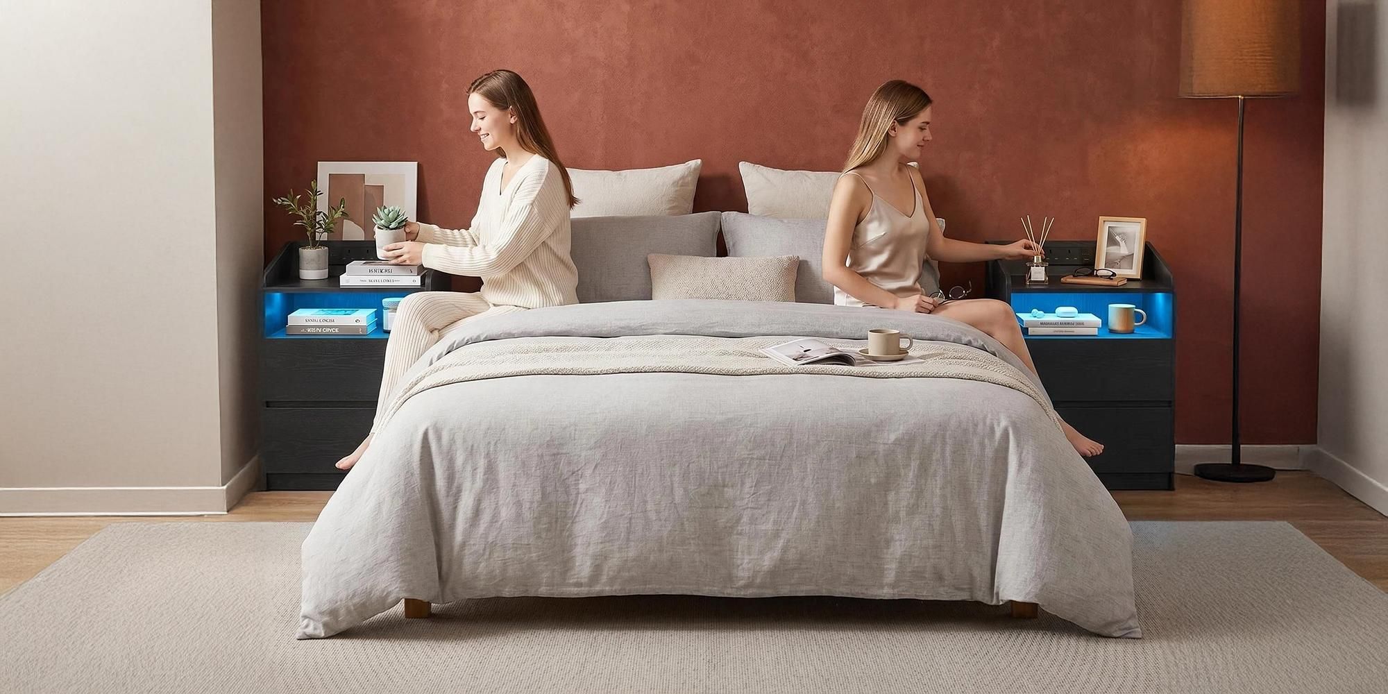 Nachttisch, Beistelltisch mit 2 Schubladen, 2 AC-Steckdosen, 2 USB-A-Anschlüsse, LED-Beleuchtung, Offenes Fach, Modern, Schlafzimmer, Wohnzimmer