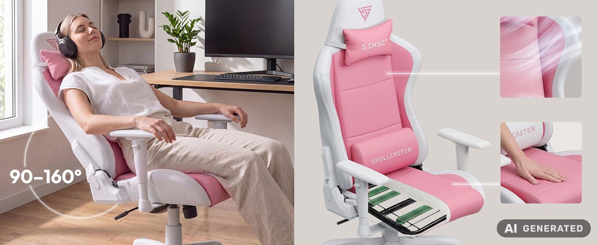 SENSE7 Gamingstuhl Spellcaster FUKU  Rosa Weiß - Ergonomischer Bürostuhl für Frauen Mädchen bis 120kg Wippfunktion Schreibtischstuhl pink