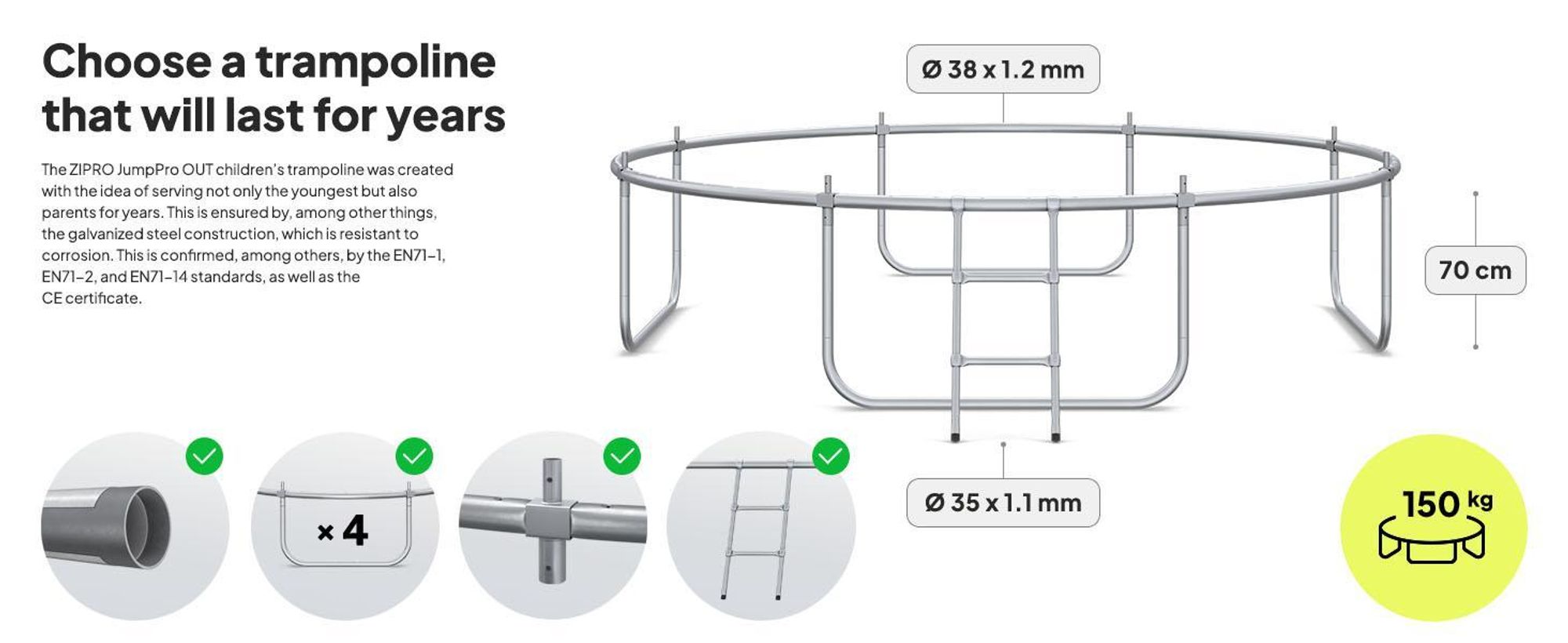 ZIPRO Trampolína Jump Pro Out | 10FT Ø 312 cm | Zahradní trampolína Dětská trampolína Kompletní sada včetně vnější sítě, žebříku a krytu okraje, venkovní, zelená