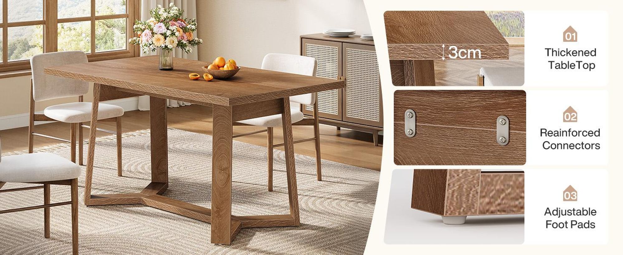 Tribesigns Landhaus-Esstisch aus dunkelbraunem Holz, 120 cm hoch, Küchentisch mit geometrischem Sockel, für 6 Personen, für Wohnzimmer, Büro