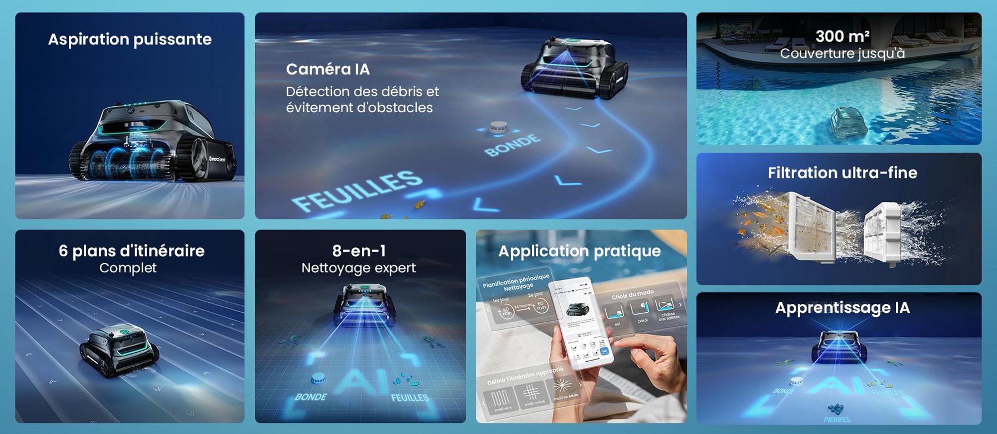 WYBOT S2 Vision : robot de piscine sans fil doté d'une caméra IA intégrée, avec une autonomie de 210 minutes et 8 modes de nettoyage différents
