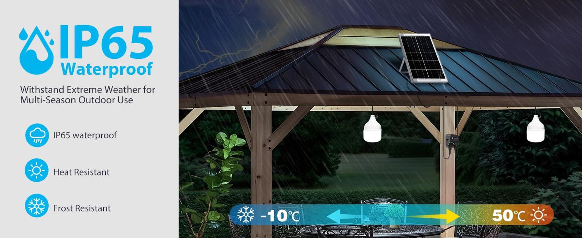 Aigostar Solarlampe für Außenbereich 70W, 11M Kabel, mit Bewegungsmelder, Fernbedienung und Energiespeicher. Wasserdicht IP65, Solar Hängelampe