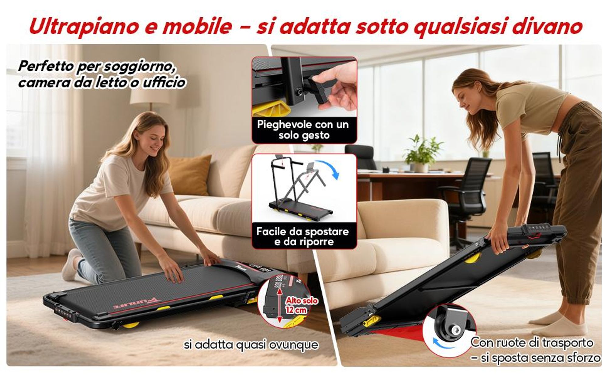 FunLife F4 Tapis roulant per uso domestico con inclinazione, walking pad pieghevole, tapis roulant da scrivania, motore potente e silenzioso, doppio comando, compatto con ammortizzazione, rosso