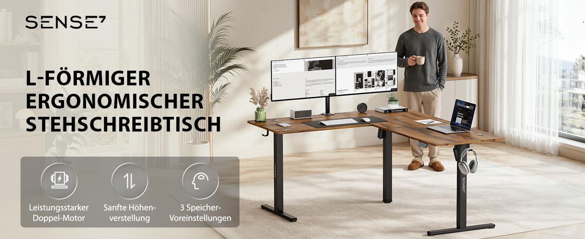 SENSE7 NOJO Light Corner Eckschreibtisch Elektrisch Höhenverstellbar 160x140 L-Form Stehschreibtisch Doppelmotor Holzoptik Dunkelbraun Schwarz