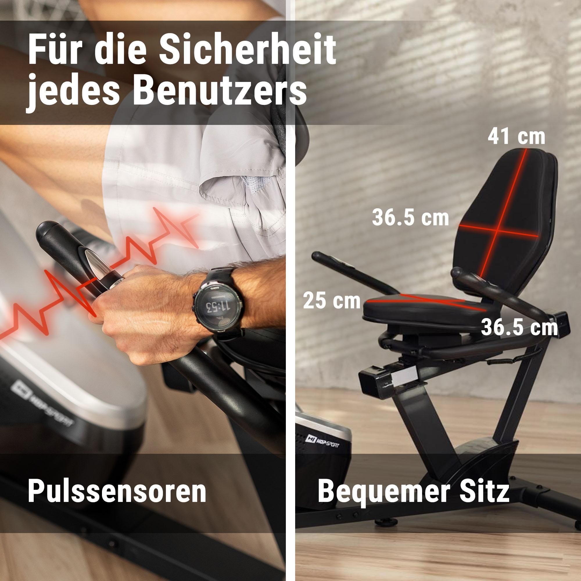 Hop-Sport Liegeergometer HS-060L - Liegeheimtrainer mit Handpulssensoren, 15 kg Schwungmasse, 8  Widerstandsstufen - Sitzergometer für Senioren max. Benutzergewicht 130 kg silber