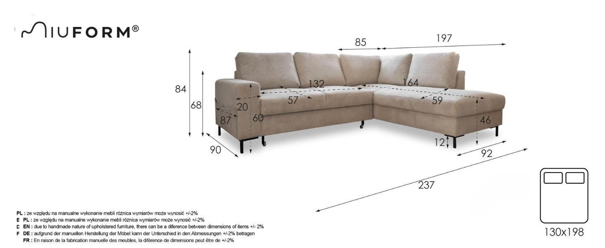 MIUFORM Lofty Lilly Ecksofa mit Bettfunktion L-FORM LINKS– 237 x 197 cm - Grau - Sofa Schlafsofa Couch
