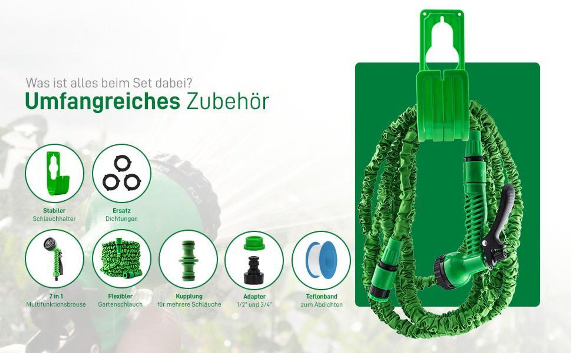 Fepro® Flexibler Gartenschlauch mit 7 Funktion 7,5m basic, Wasserschlauch flexibel mit 3-Fach Latexkern inkl. Adapter für 1/2' 3/4' Zoll und Wandhalterung, dehnbarer flexiSchlauch