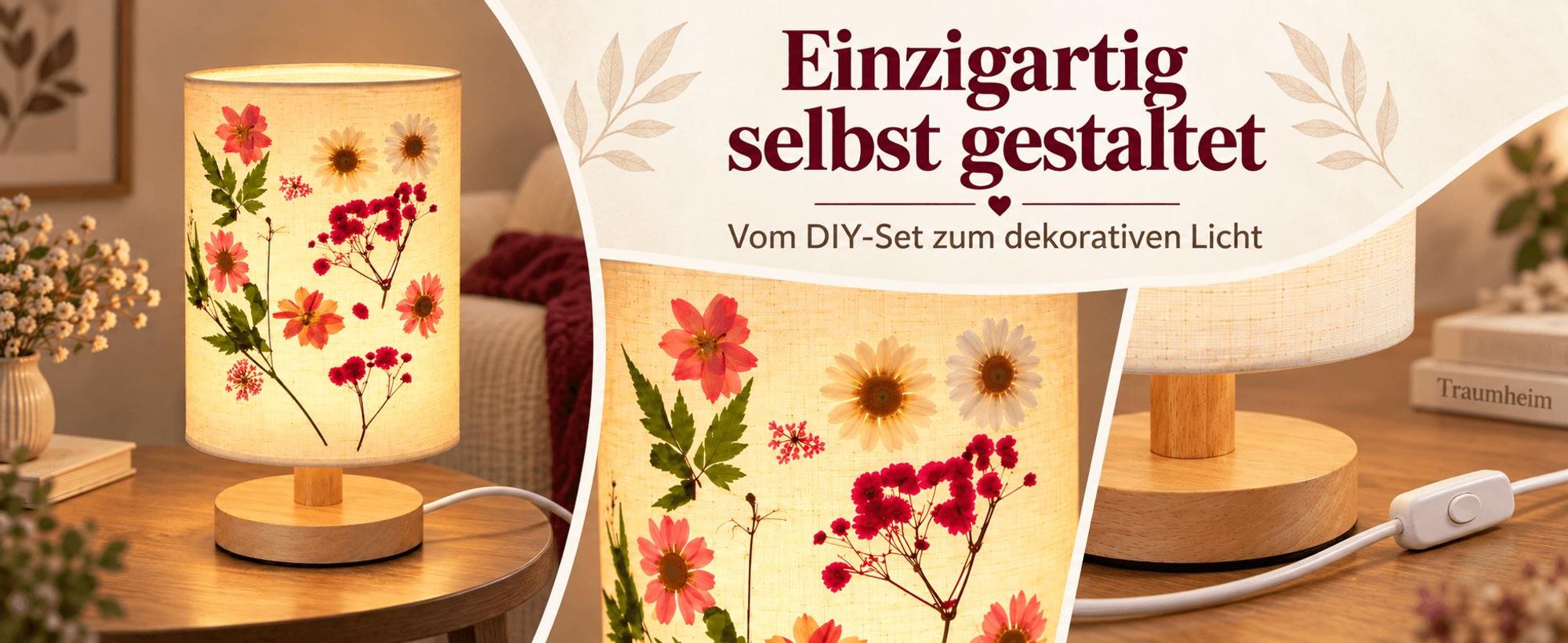 DIY Nachtlicht mit Trockenblumen, Blanko Stoffschirm, 3 Helligkeitsstufen, 5W Tischlampe, USB, Holz lampe für Schlafzimmer, Wohnzimmer & Kinderzimmer
