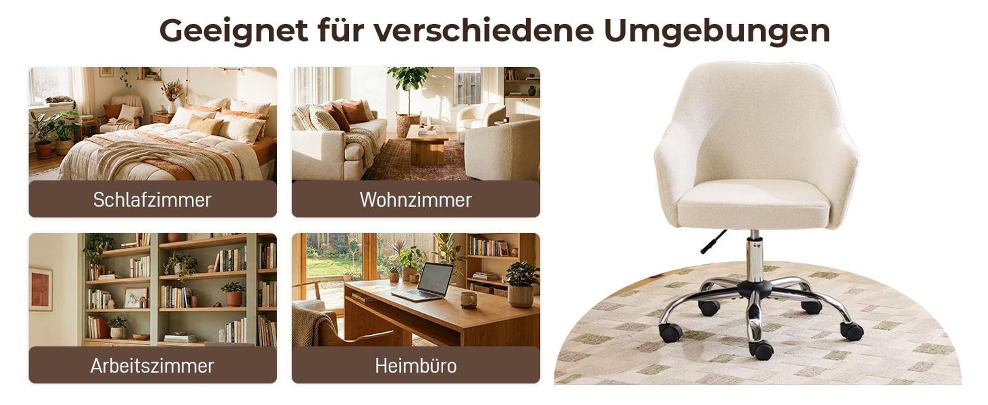 Schreibtischstuhl mit Armlehnen, Drehstuhl mit Rollen, Bürodrehstuhl, Polsterstuhl , Elfenbein