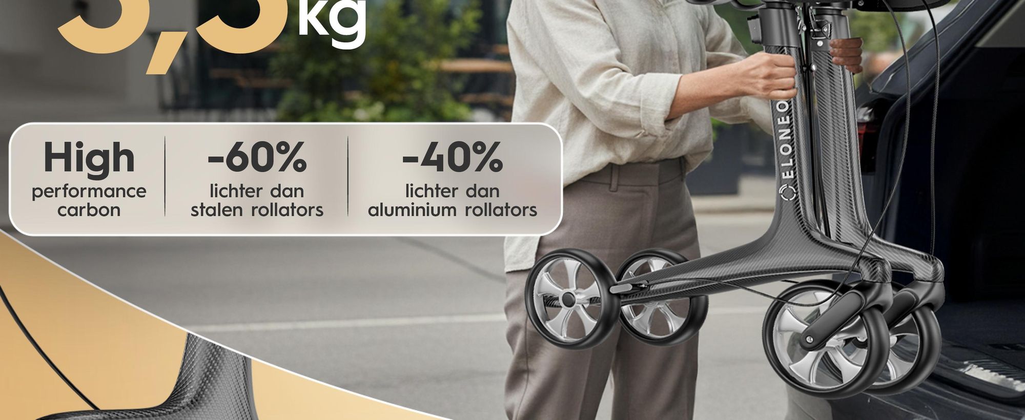 ELONEO Carbon rolstoel, inklapbaar en lichtgewicht, met zitplaats, lichtgewicht reiskruk, ultralicht, grijs - maat L