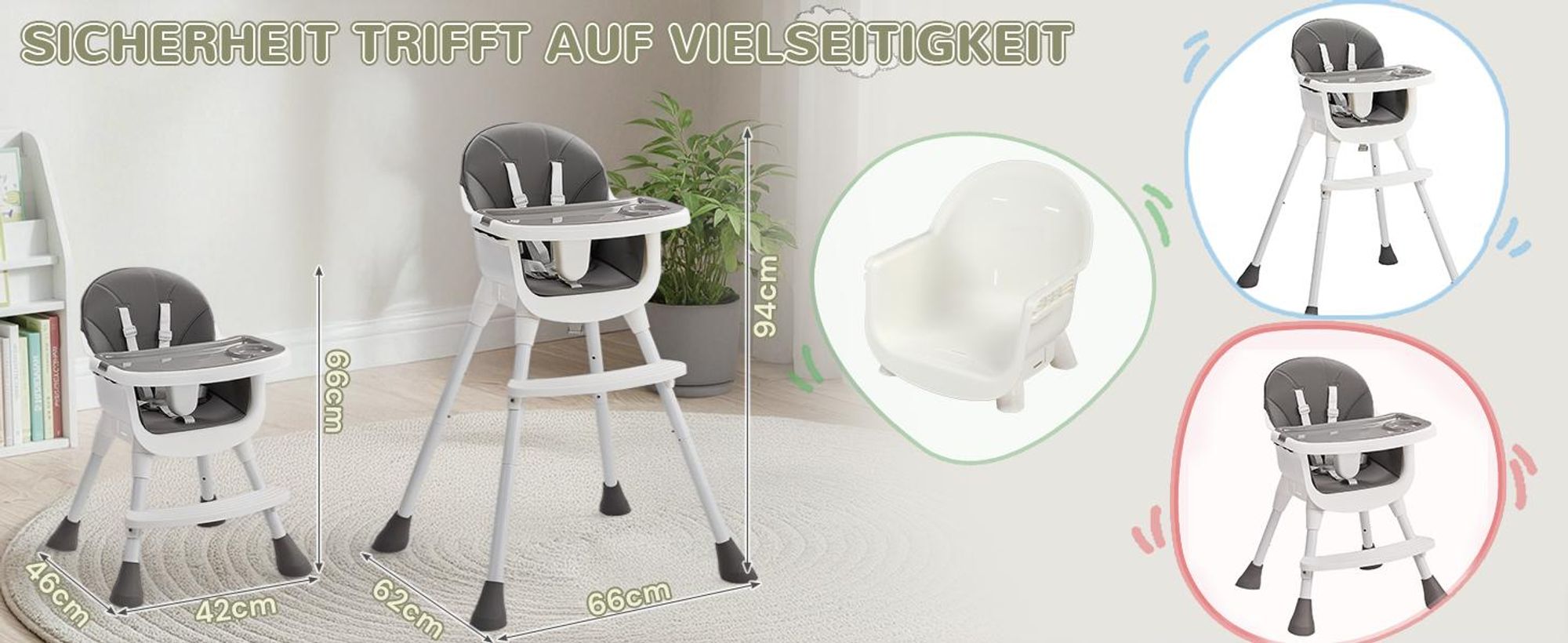 FCH Hochstuhl Baby, Babyhochstuhl, Kinderstuhl, , Abnehmbares Tablett, Sicherheitsgurt, Esszimmerstuhl,Einstellbare Höhe,grau