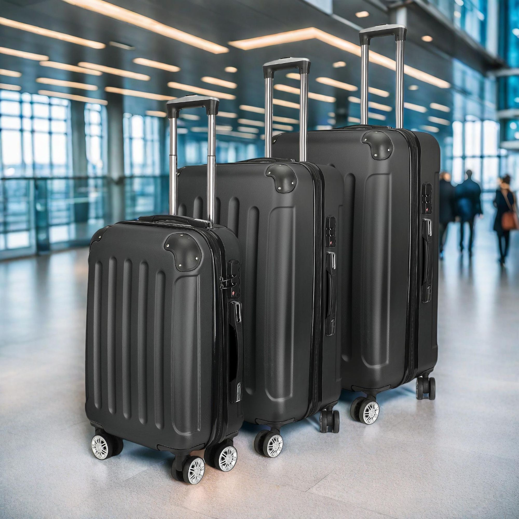 Fortuna Lai Trolleyset EST-01 (M/L/XL), (4 Rollen, 3 tlg., handgepäck koffer mit TSA-Schloss), koffer handgepäck für Reisen, Geschäftsreisen, Schwarz