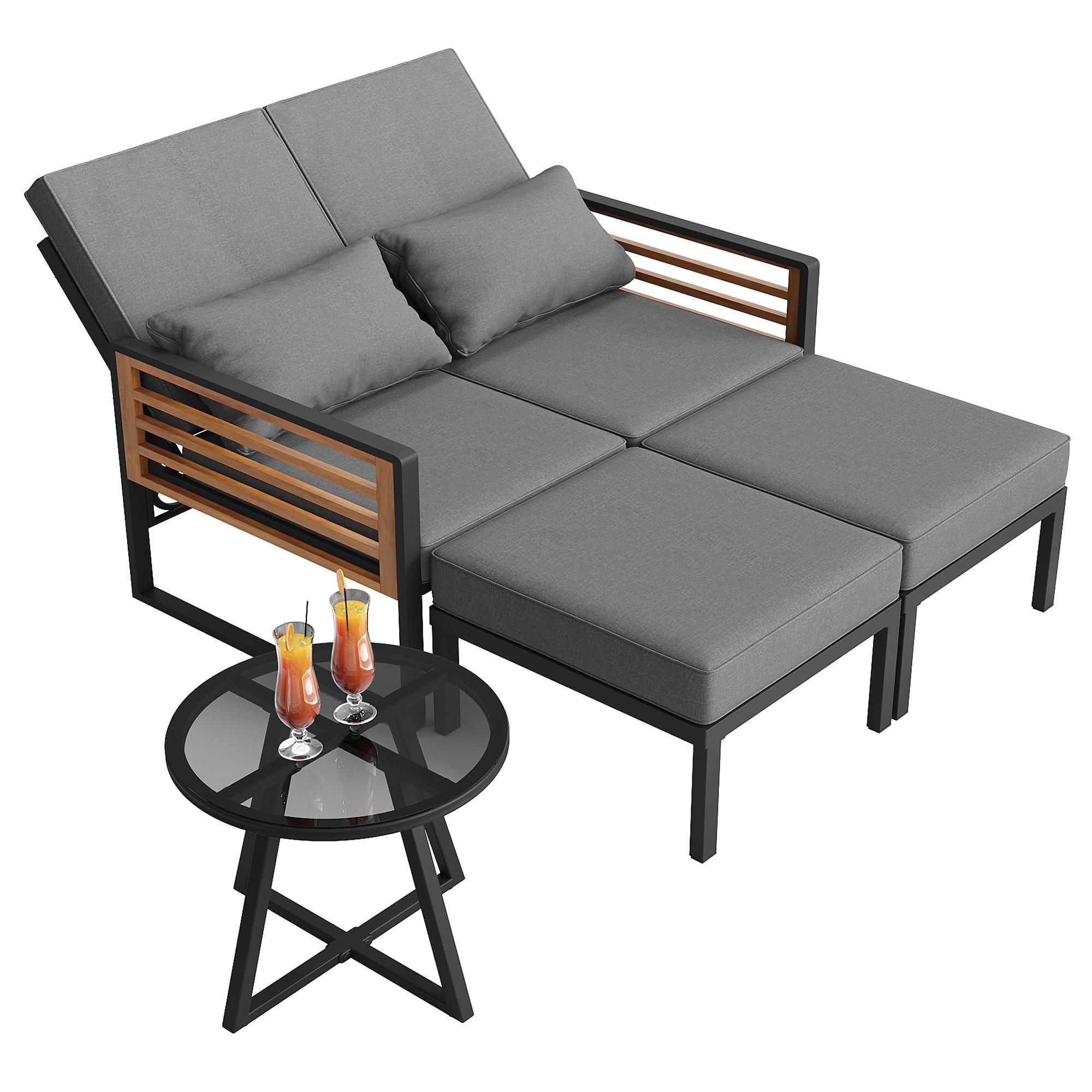 Flieks Gartenliege mit verstellbarer Rückenlehne, Gartensofa Liege mit Glastisch, Gartenmöbelset 5-tlg. für 2-4 Personen, Gartenstuhl mit Hocker, Grau