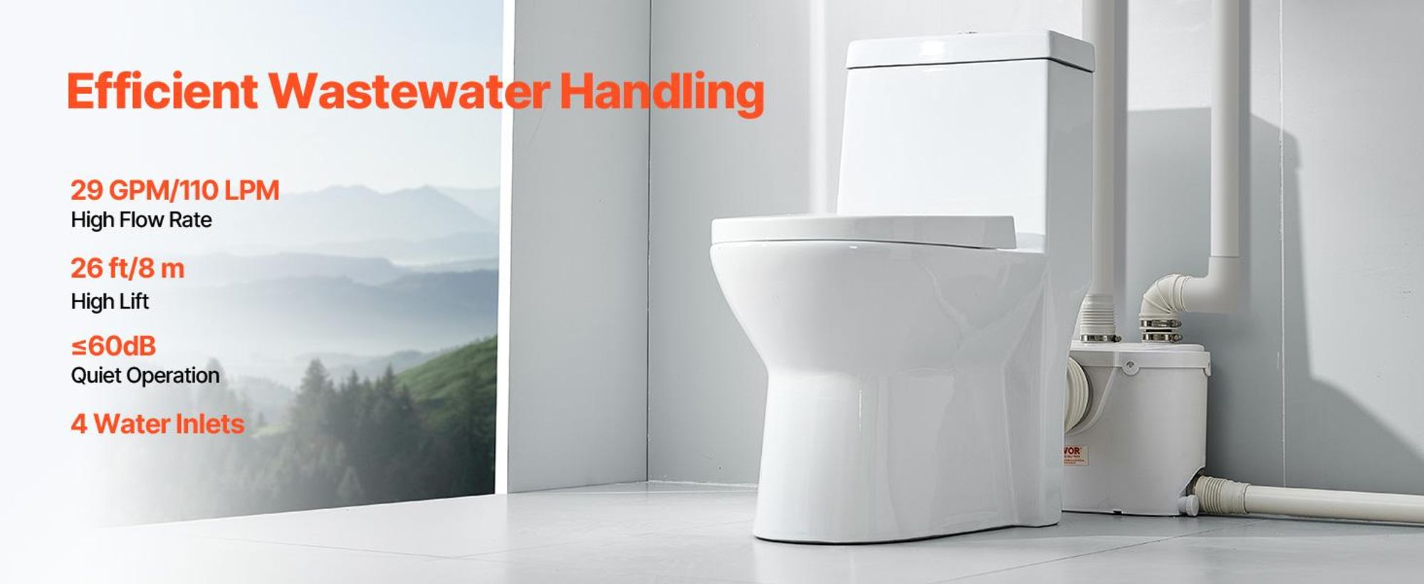 VEVOR Zerkleinerungspumpe, 700W, 9600 L/h Durchfluss, 10 m Förderhöhe, Zerkleinerung Abwasser Hebepumpe mit 3 Wasseranschlüssen für Toilette, Keller, Küche, Spüle, Dusche, Badewannen Abwasserentsorgung Hebemaschine, Bodenstehende Toilette-c, 500 W