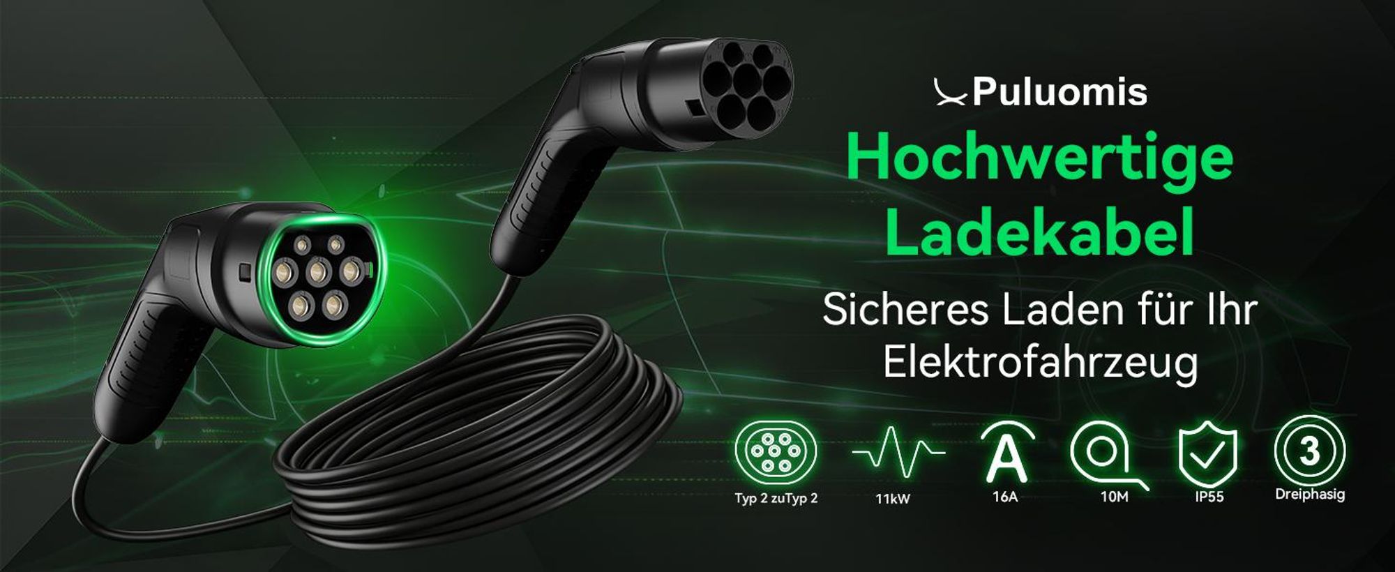 Puluomis Ladekabel 11kW 10m Typ 2/CCS Schnittstelle für Elektroauto, EV Ladekabel 3-phasig 16A, IP55 Wasserdicht mit Schutzhülle, Tasche