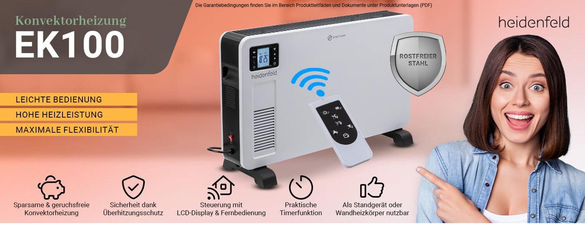 Heidenfeld Konvektor Heizung EK100 | Heizkörper - Elektroheizung - Wandheizung - Standheizung - Überhitzungsschutz - Display - 2.300 Watt - bis 40 m²