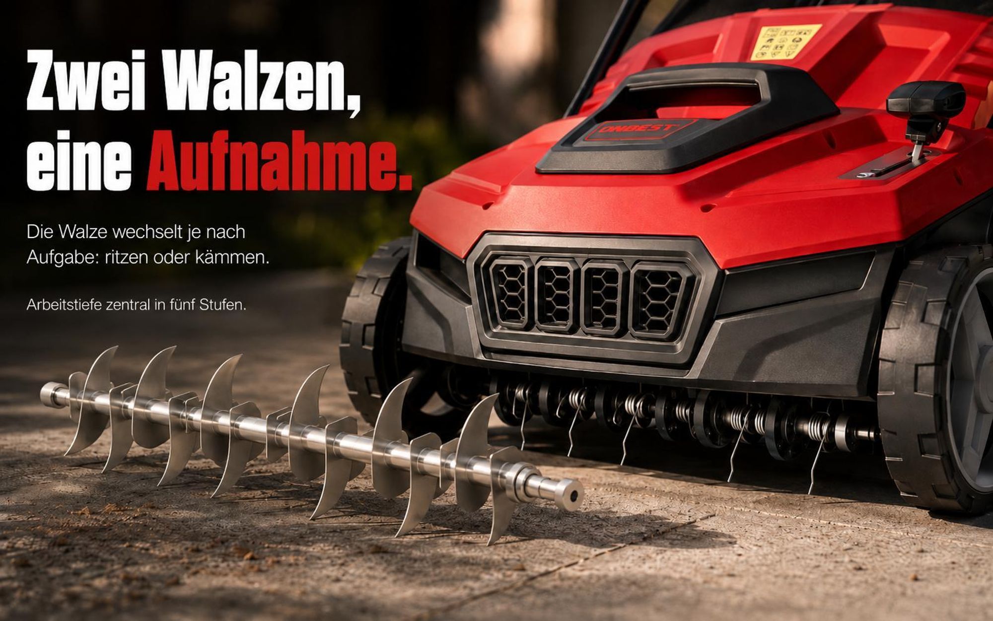 ONBEST Vertikutierer Elektro S1838 | 2in1 Rasenlüfter | 38 cm Arbeitsbreite | 1800 W | 24 Federkrallen | 16 Doppelmesser