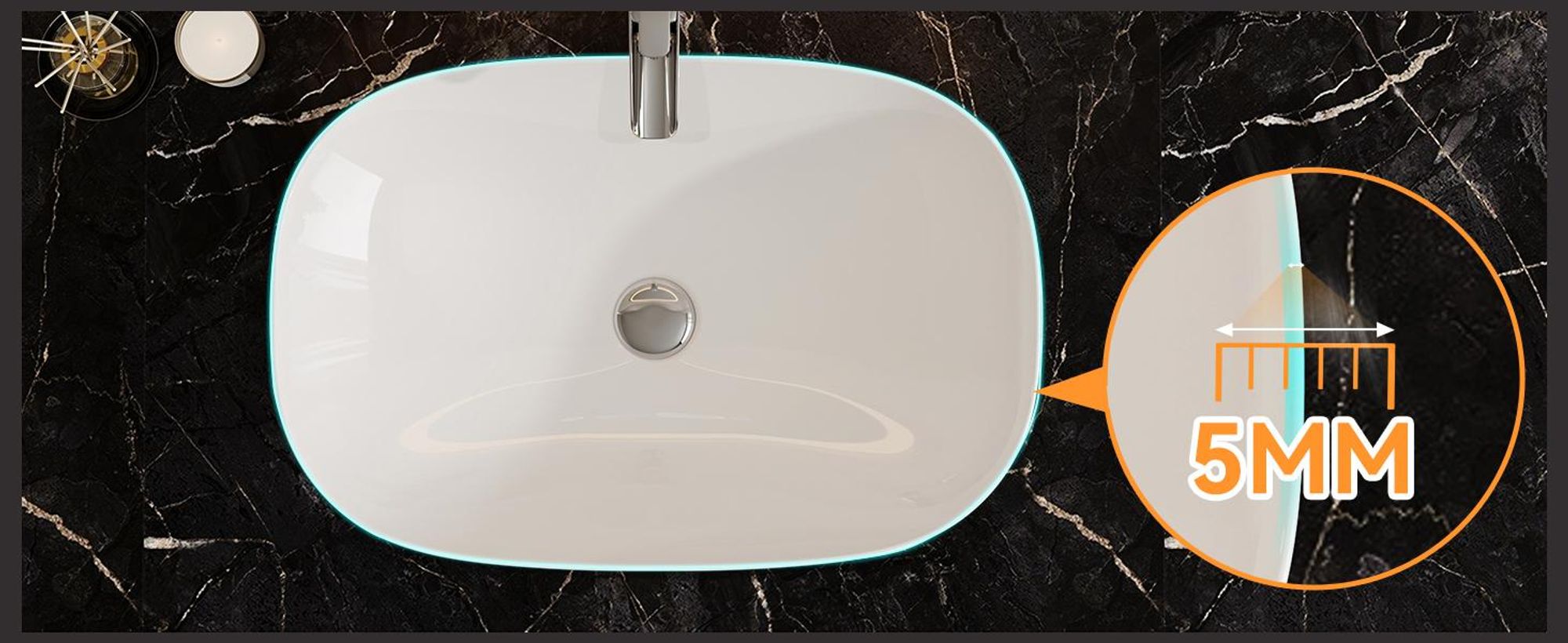 HOROW 60 x 40 cm Waschbecken Keramik Aufsatzwaschbecken Oval, 5mm Dünnrand, Modern Weiß Waschschale für Badezimmer Gäste-WC