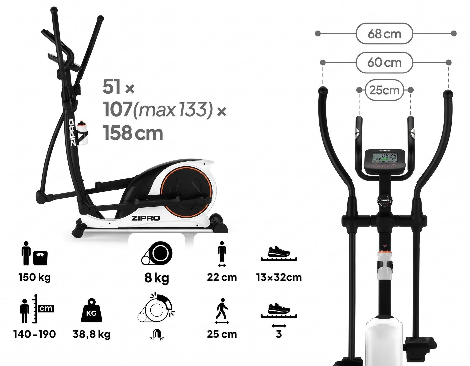 Zipro Crosstrainer Hulk RS – Magnetischer Ellipsentrainer bis 150kg Belastbar 8kg Schwungmasse Leiser Riemenantrieb Heimtrainer mit Pulsmessung