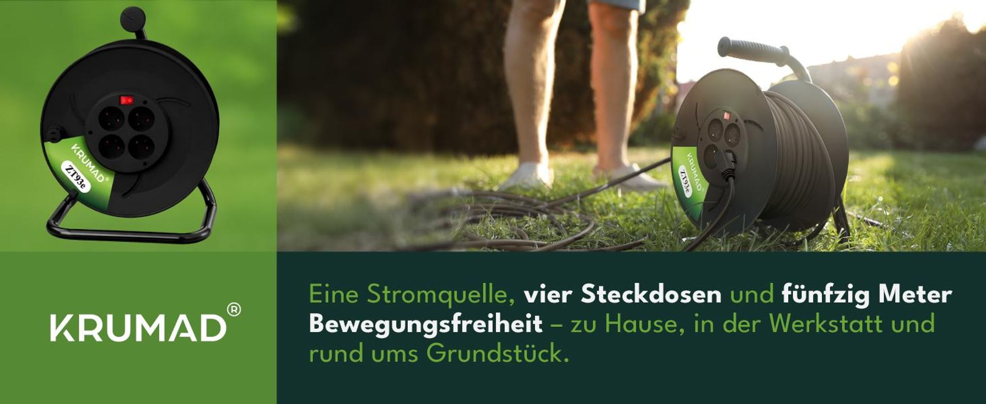 KRUMAD Kabeltrommel 50m mit 4 Schutzkontaktsteckdosen, 2000W max, robust & wetterfest für Außen, Werkstatt & Baustellen, 3x1mm², Schwarz