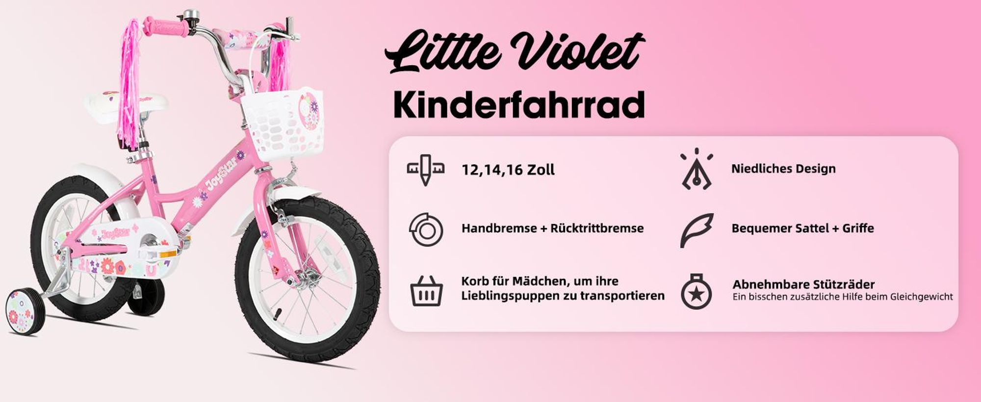 JOYSTAR Mädchenfahrrad Kinderfahrrad 12/14/16 Zoll mit abnehmbaren Stützrädern, Korb, Fahnenbändern, Doppelbremse & verstellbarem Sattel 2–7 Jahre