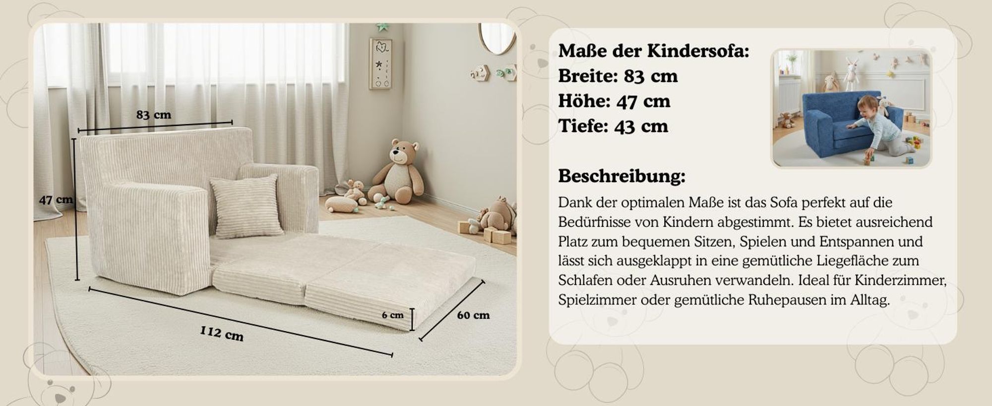 Kindersofa aus Schaumstoff Rosalia Stilvoller Komfort für das Kinderzimmer Ausklappbar Kindermöbel Polstersofa Türkis