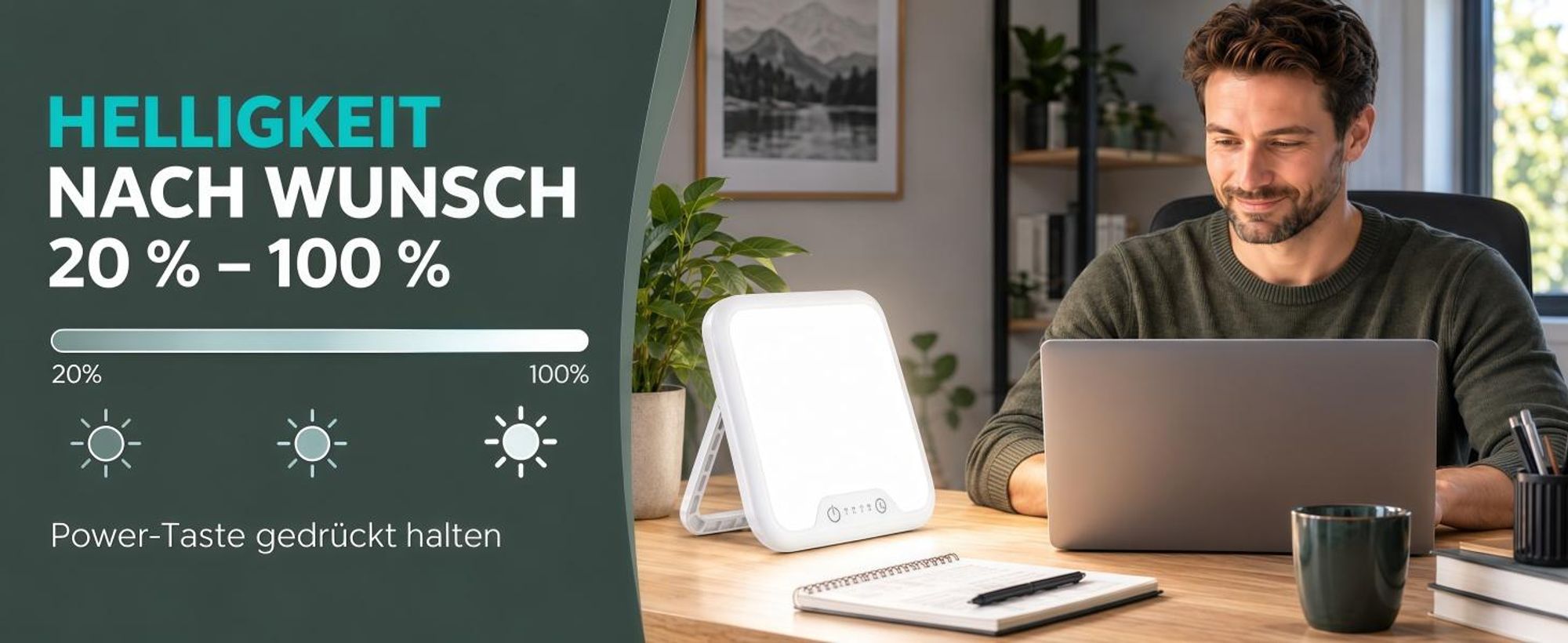 Tageslichtlampe, 10000 Lux lampe, Lichttherapiegeräte, 4 Timer, UV-Frei Sonnenlicht Lampe mit Touch-Steuerung, Stufenlosem Dimmen, Faltbar Halterung