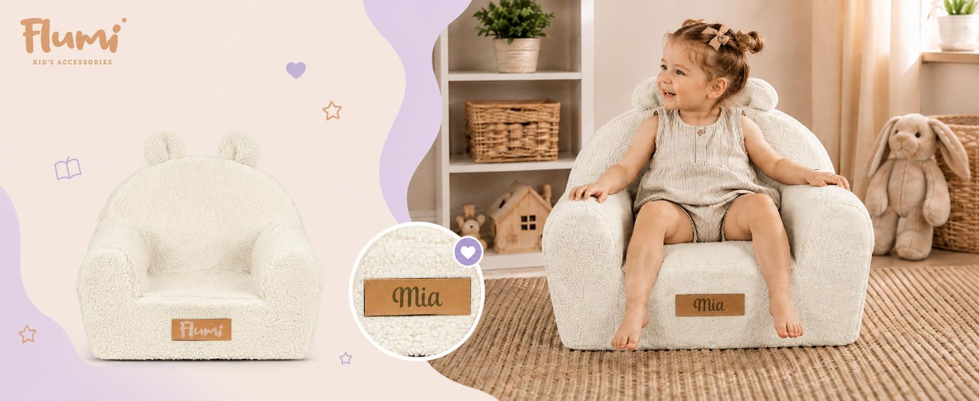 Flumi opvouwbare mini kinderbank beige met uitklapfunctie en berenmotief