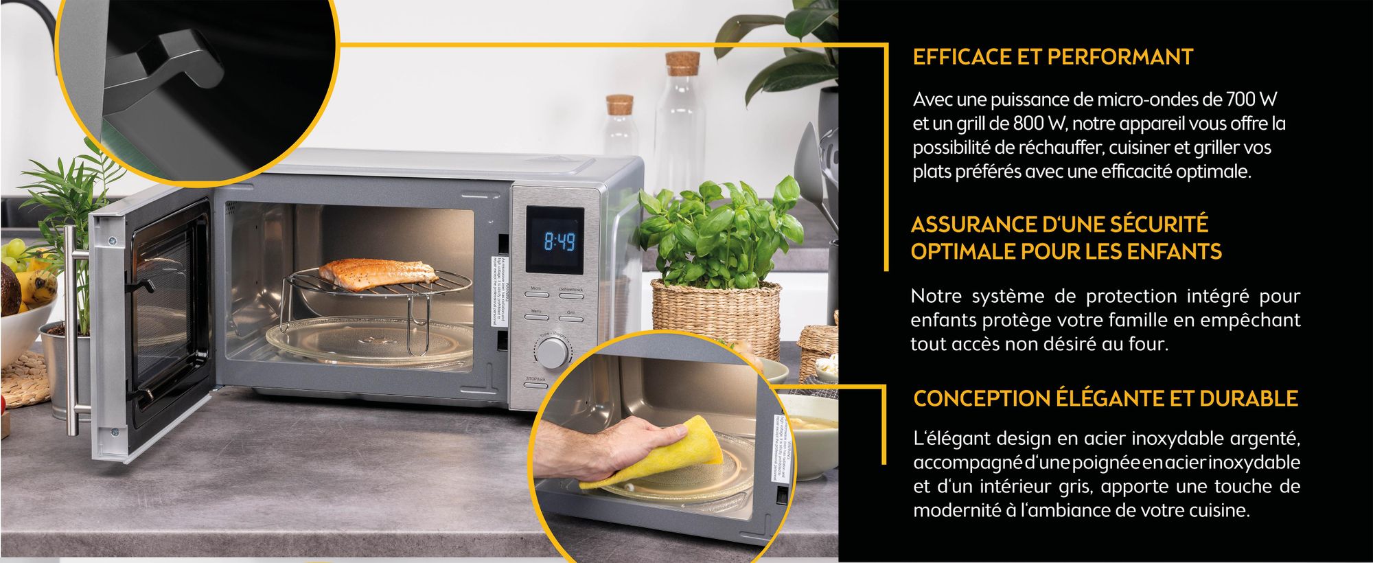 TZS First Austria 2-in-1 Mikrowelle mit Grillfunktion, 1100W, digital, 20L Kapazität, LED-Display, Auftaufunktion, 8 Automatikprogramme, Schnellstartfunktion, Kindersicherung, Edelstahl