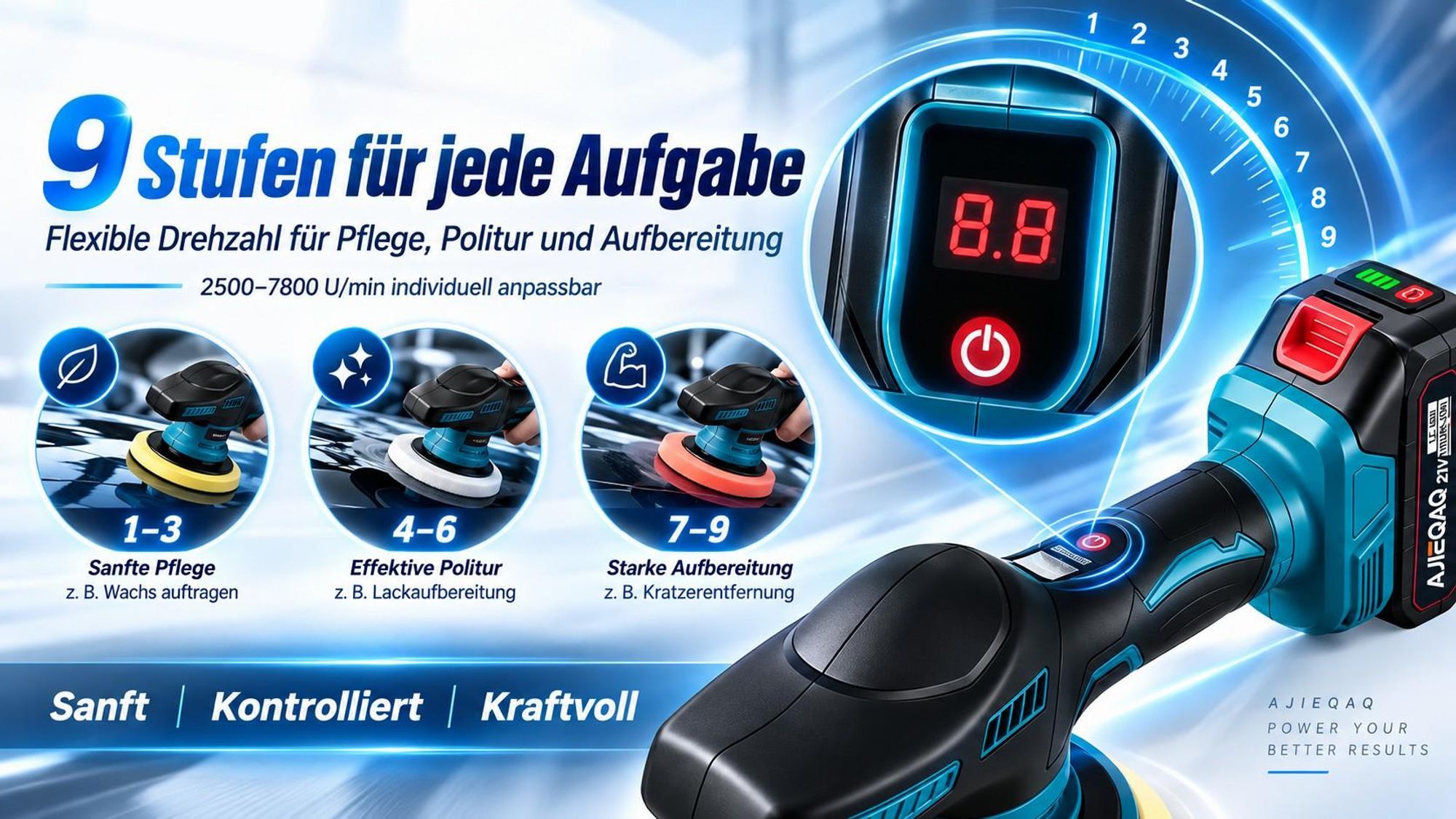Akku-Poliermaschine 21V MAX, Exzenter-Poliermaschine 150 mm, 9 Stufen, 2500–7800 U/min, 2×2,0Ah Akkus, Soft Start
