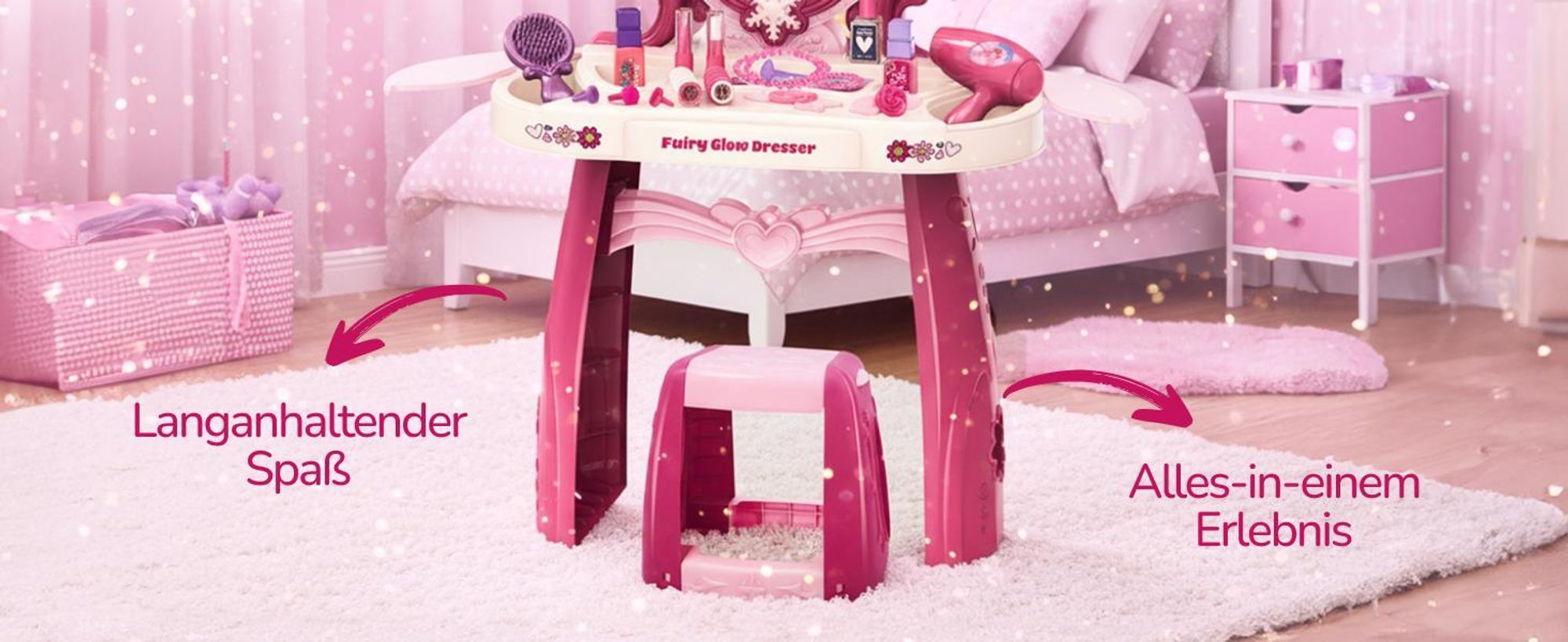 Kinderplay Schminktisch Kinder mit Licht und Sound – Frisiertisch mit Hocker, Spiegel und 32 Zubehörteilen – Kosmetiktisch Spielzeug für Mädchen ab 3
