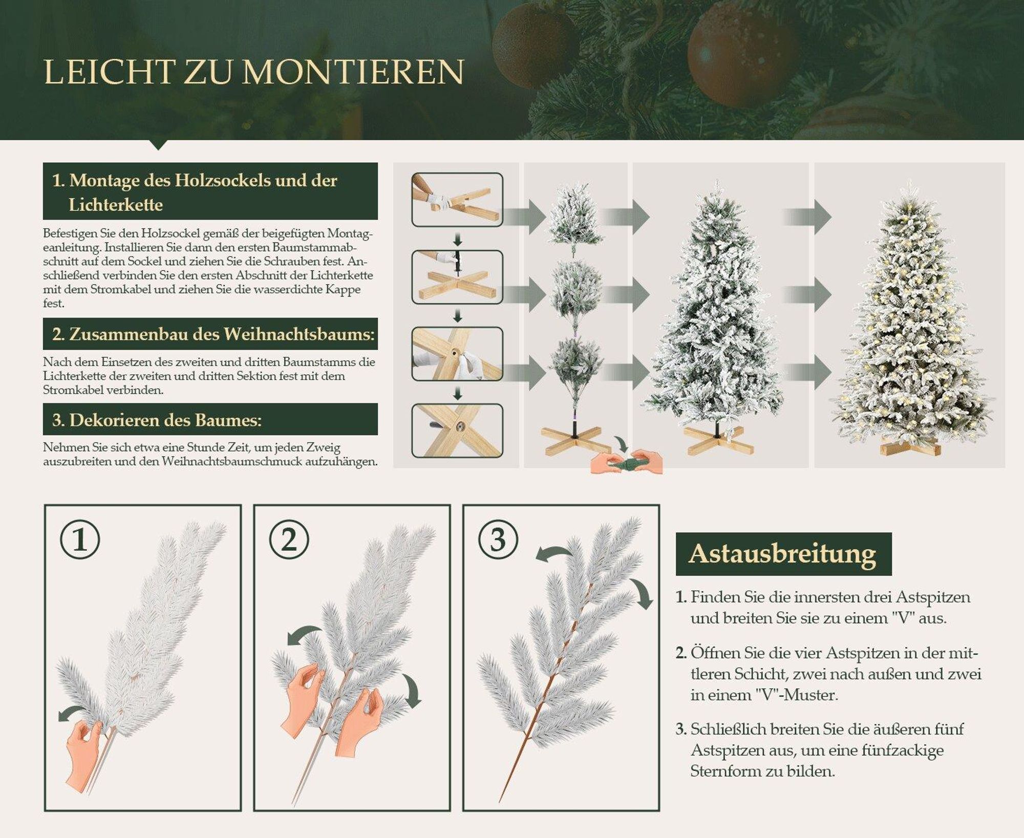 Salcar 180 cm Künstlicher Weihnachtsbaum mit Beleuchtung Weiß Schneeflocken, LED Tannenbaum mit Schnee und Echtholz Baumständer