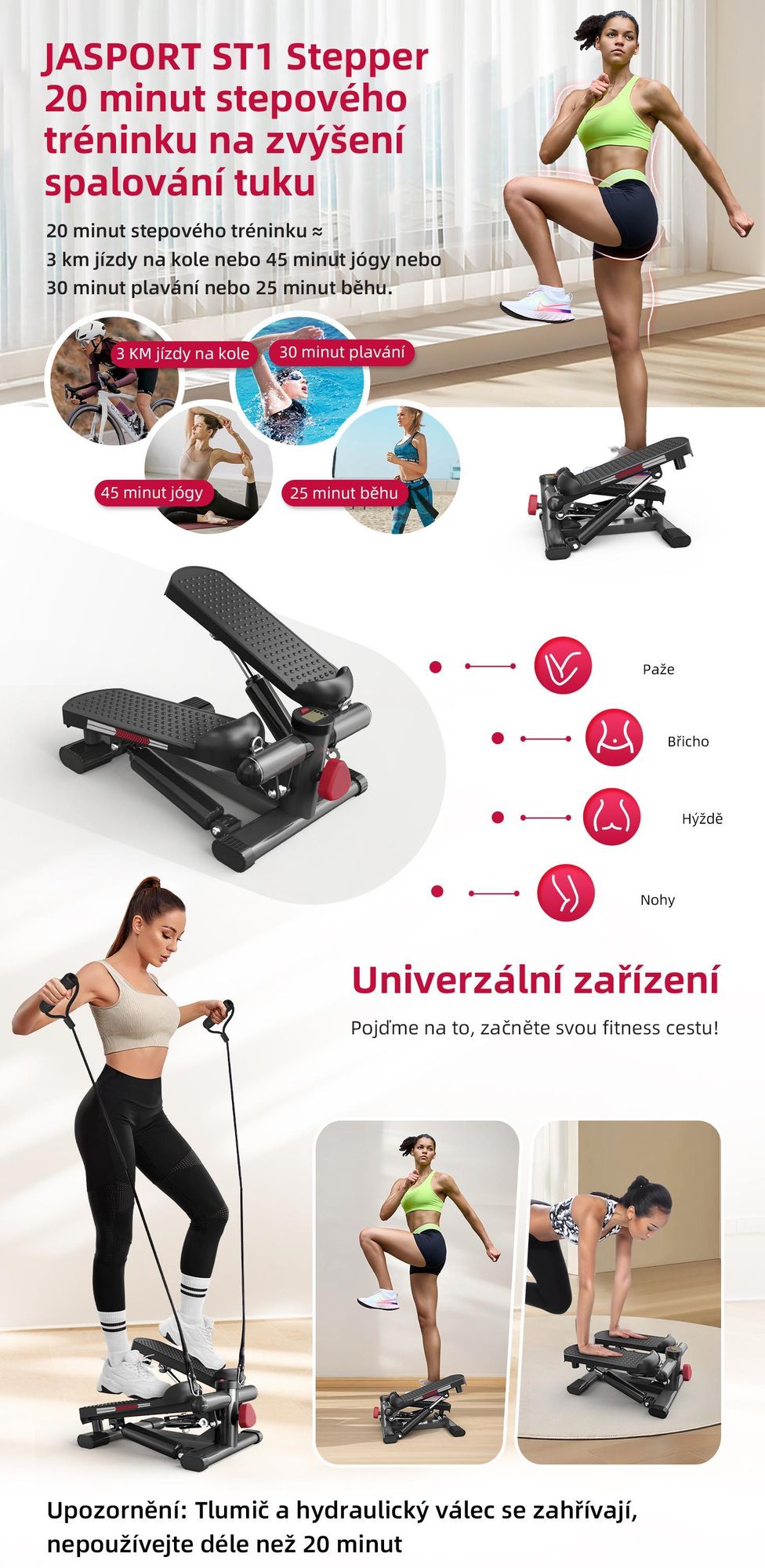 JASPORT ST1 mini stepper, 2 v 1 s napájacími lanami, LCD displej, nastaviteľný odpor, na tréning nôh a rúk, tichý a kompaktný, max. zaťaženie 100 kg