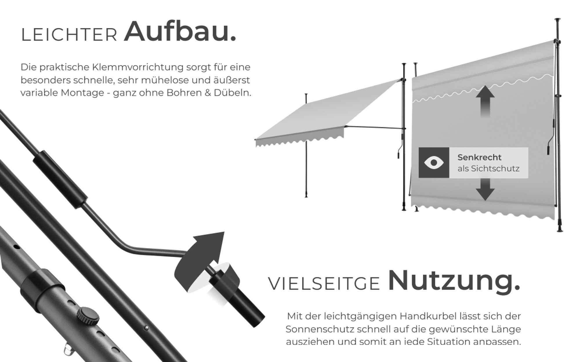tectake® Klemmmarkise mit Handkurbel einfache Montage