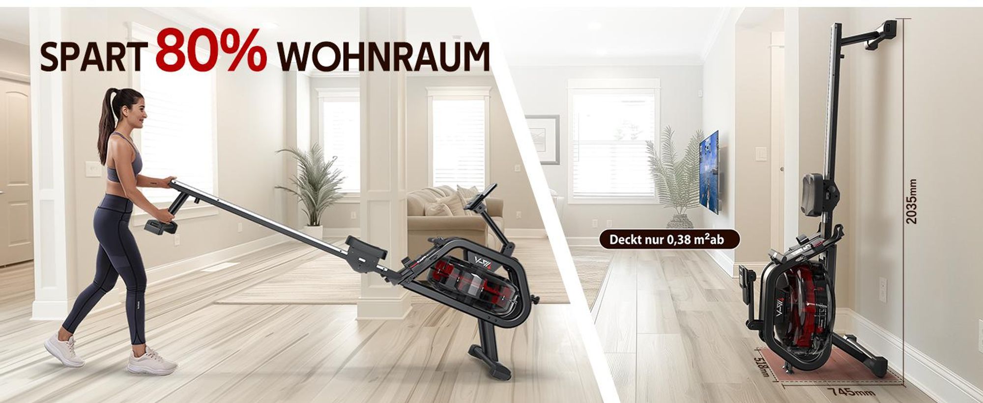 VOWVIT Wasser-Rudergerät mit Bluetooth, leise, 6 Stufen, 160 kg, 3 Rollen, Tank, bis 210 cm