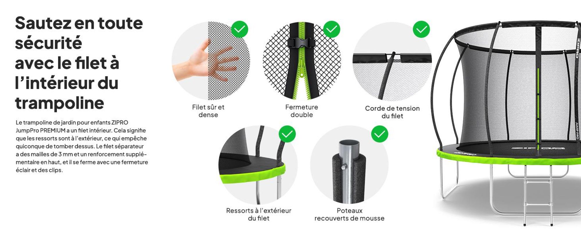 Trampoline ZIPRO Jump Pro Premium | 10FT Ø 312 cm | Trampoline de jardin Trampoline pour enfants Kit complet avec filet, échelle et housse de protection, extérieur, vert