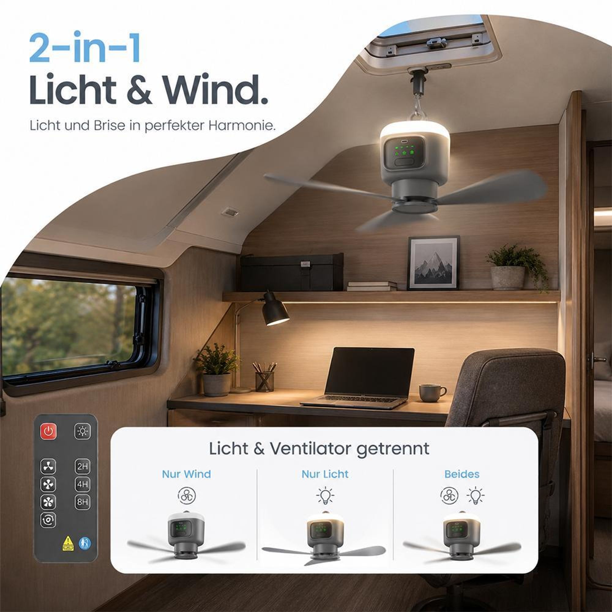 XL Ø45cm Camping Ventilator mit Licht, Akku 12000mAh, USB-C aufladbar, Deckenventilator mit Fernbedienung & Timer, Starke Brise für Zelt Pavillon RV