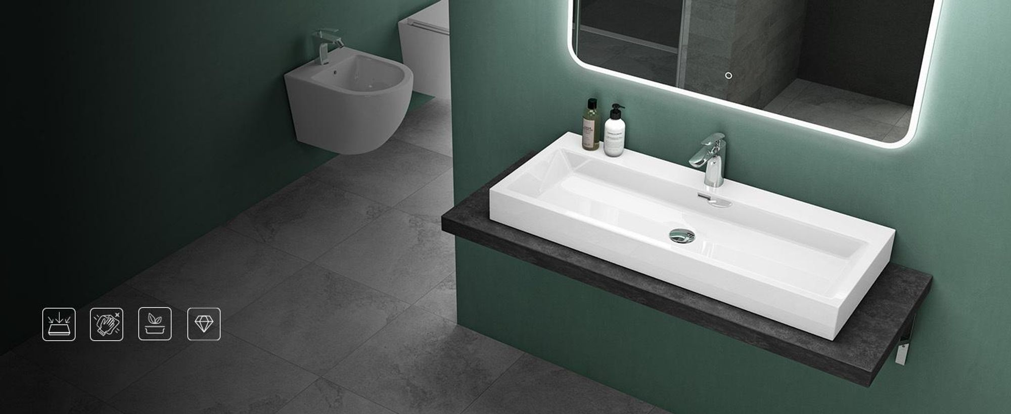 Mai & Mai Breite: 60cm Waschbecken Aufsatz-Waschschale Hänge-Becken Mineralguss in matt Anthrazit 1 Armaturenloch Bad Eckig Col06