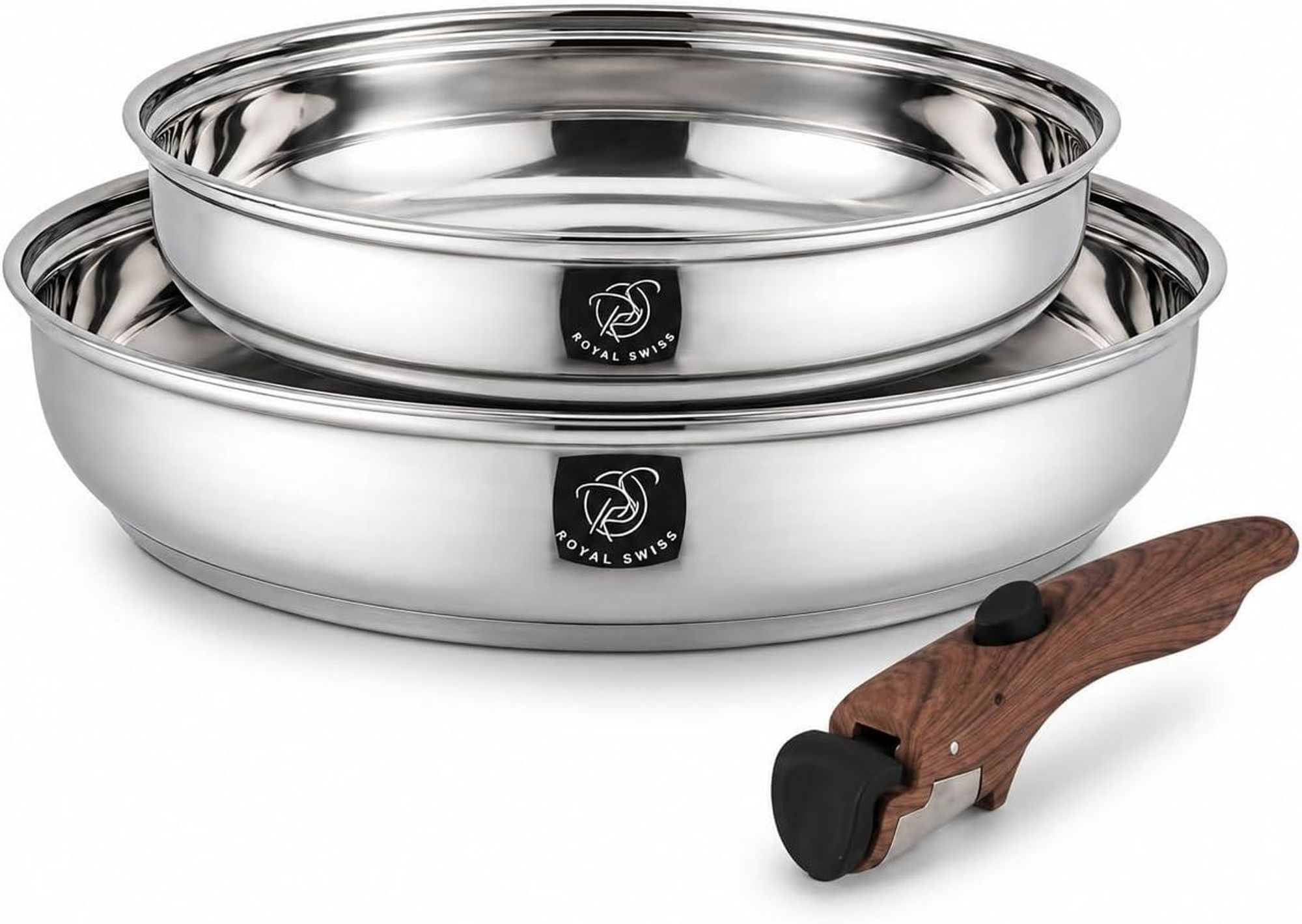 Royal Swiss Edelstahl Pfannenset 3-teilig mit Bratpfannen 24 und 28 cm und abnehmbarem Griff