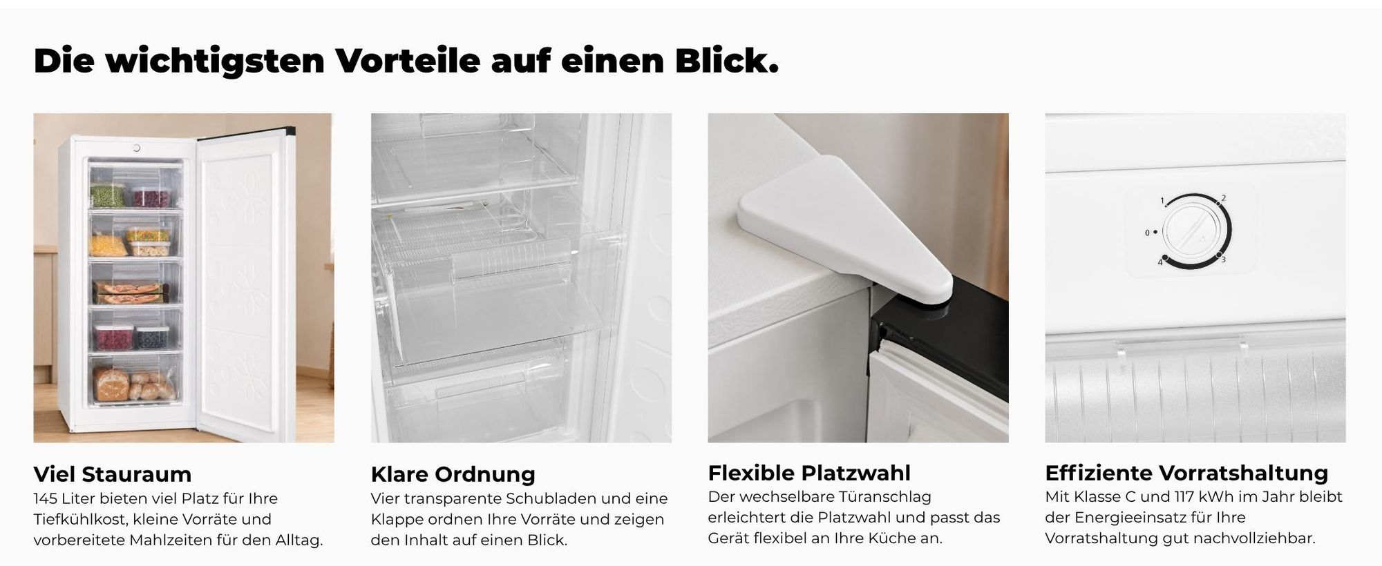 Exquisit Gefrierschrank, 145 Liter, Standgerät, 4-Sterne-Gefrieren, -18 °C, Gefrierschubladen, leise, GS5145-050C weiss