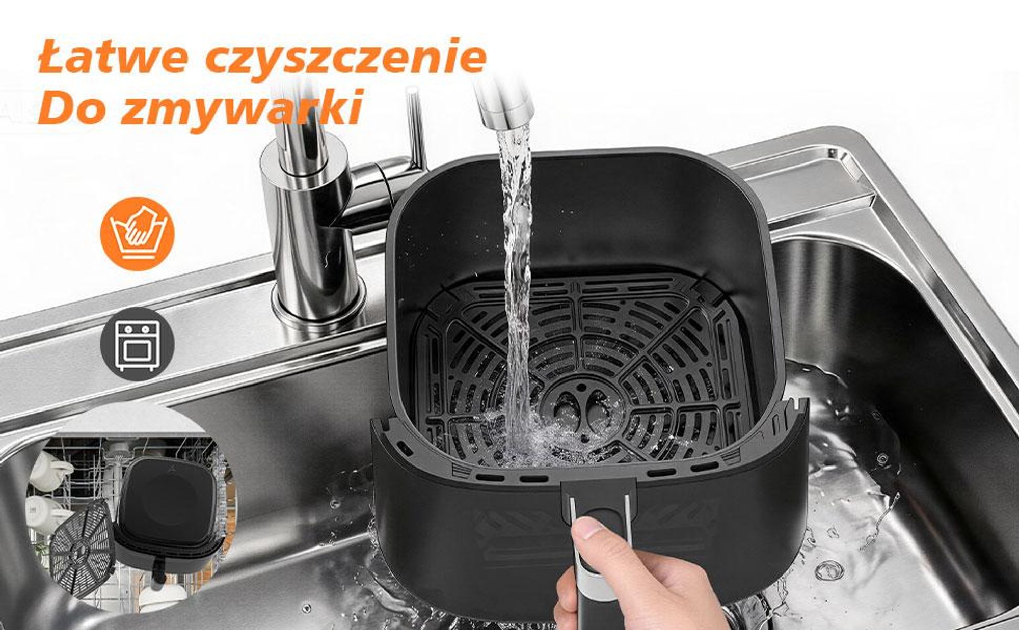 Frytkownica z gorącym powietrzem, beztłuszczowa, metalowe wnętrze, 6L, podświetlane okienko, 9 programów gotowania, zmywalna w zmywarce, 1650W